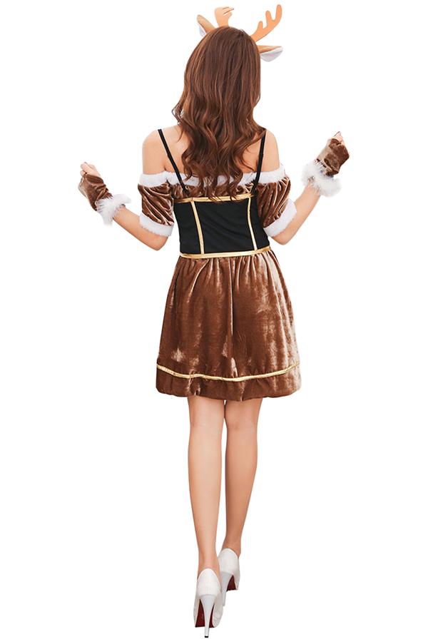 Sexy Off Shoulder Christmas Reindeer Santa Helper Costume Coffee-Pinkami