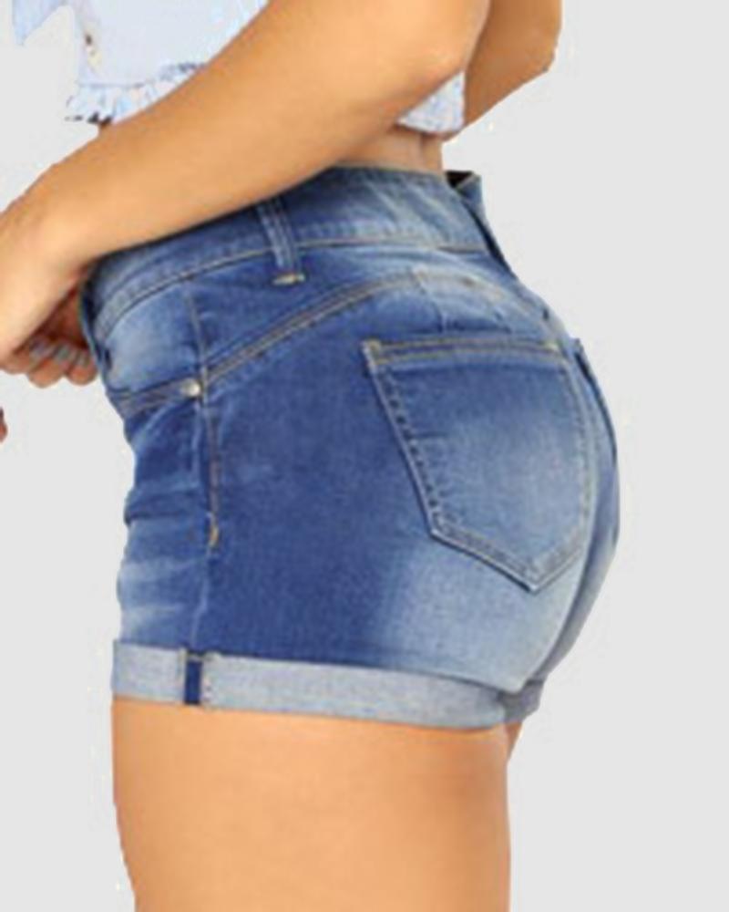 Women Low Waist Roll Up Hem Ripped Denim Shorts-Pinkami