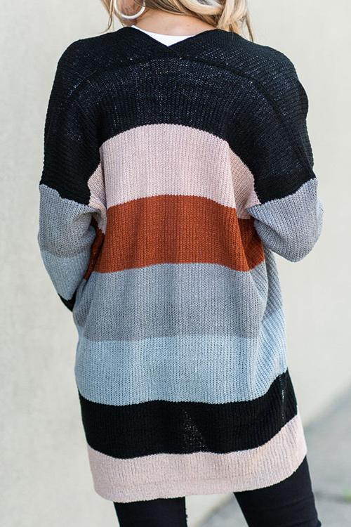Knitwear Long Round neck Stitching Rainbow Striped Cardigan-Pinkami