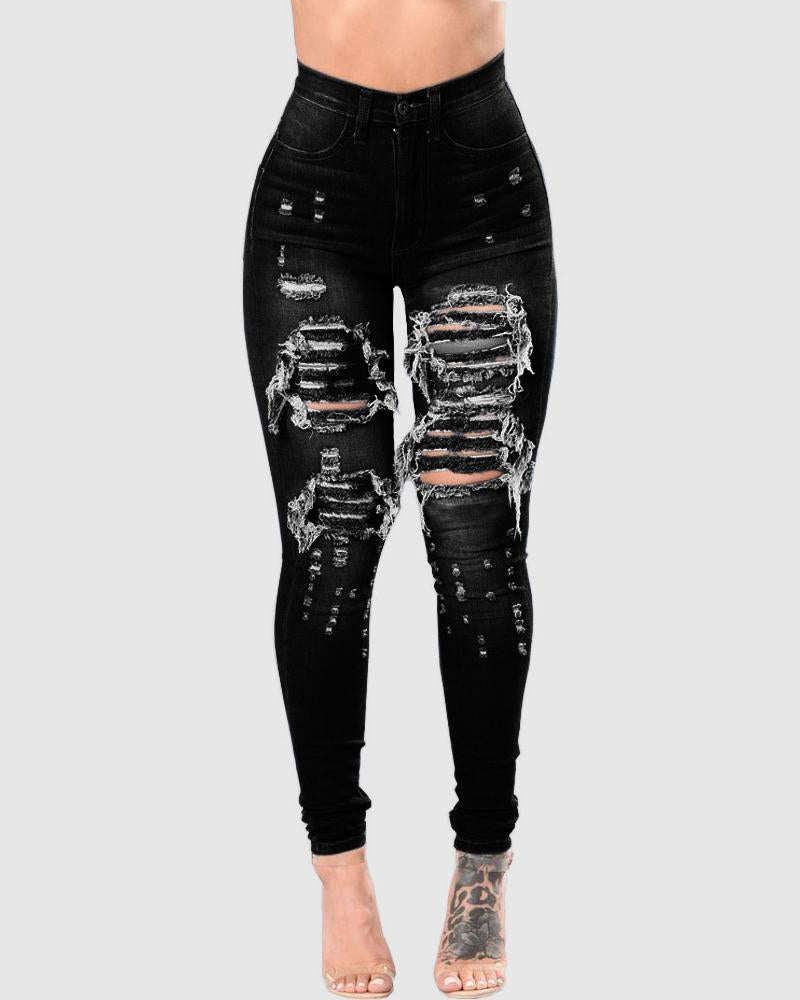 Women High Waist Ripped Hollow Out Skinny Jeans-Pinkami