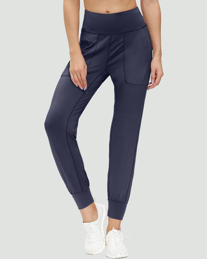 Slant Pocket Wide Waistband Elastic Hem Sports Leggings For Women-Pinkami