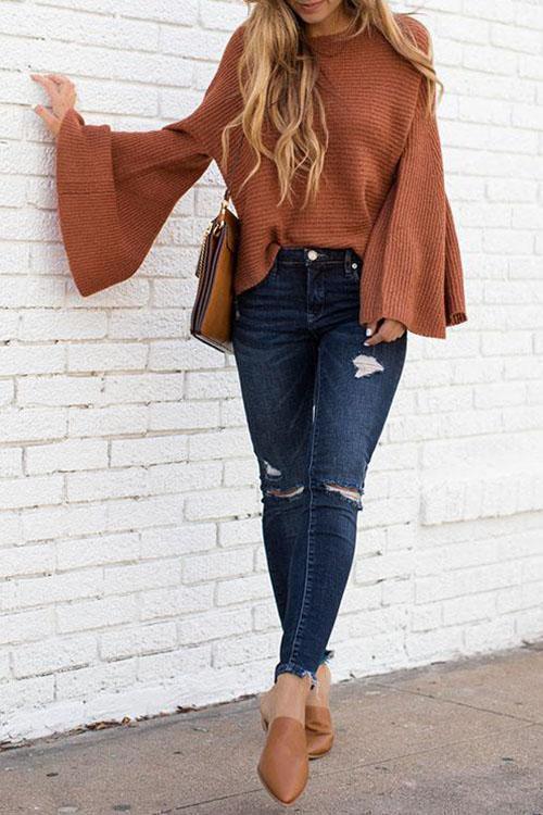 Trumpet Sleeves Sweater-Pinkami