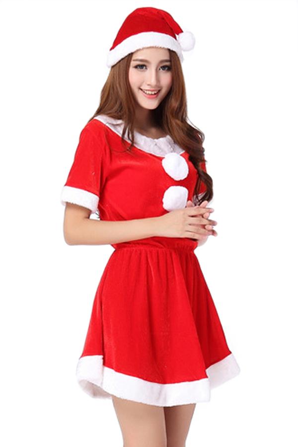 Women Cute Red Short Sleeve Pleuche Santa Costume-Pinkami
