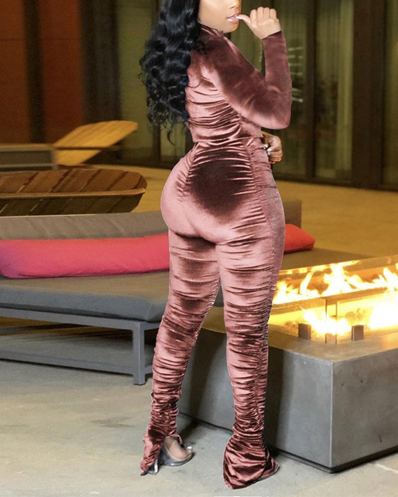 Solid Ruched Zip Up Long Sleeve Top & Split Hem Pants Set-Pinkami