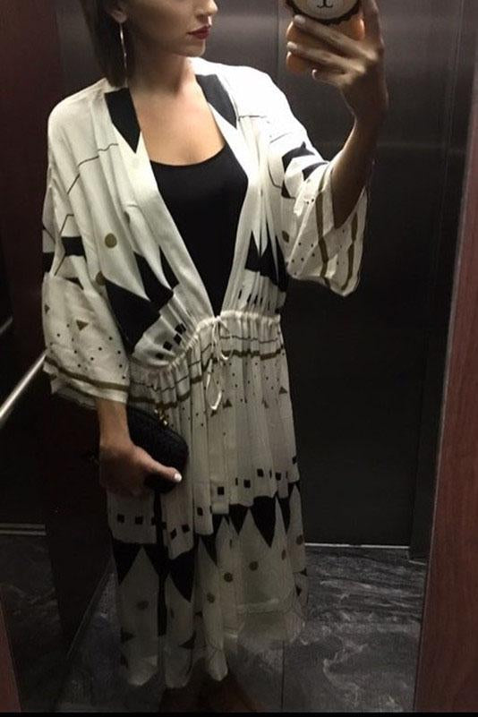 White Geometric Print Drawstring Slit Sexy Beach Cover Up Kimono-Pinkami