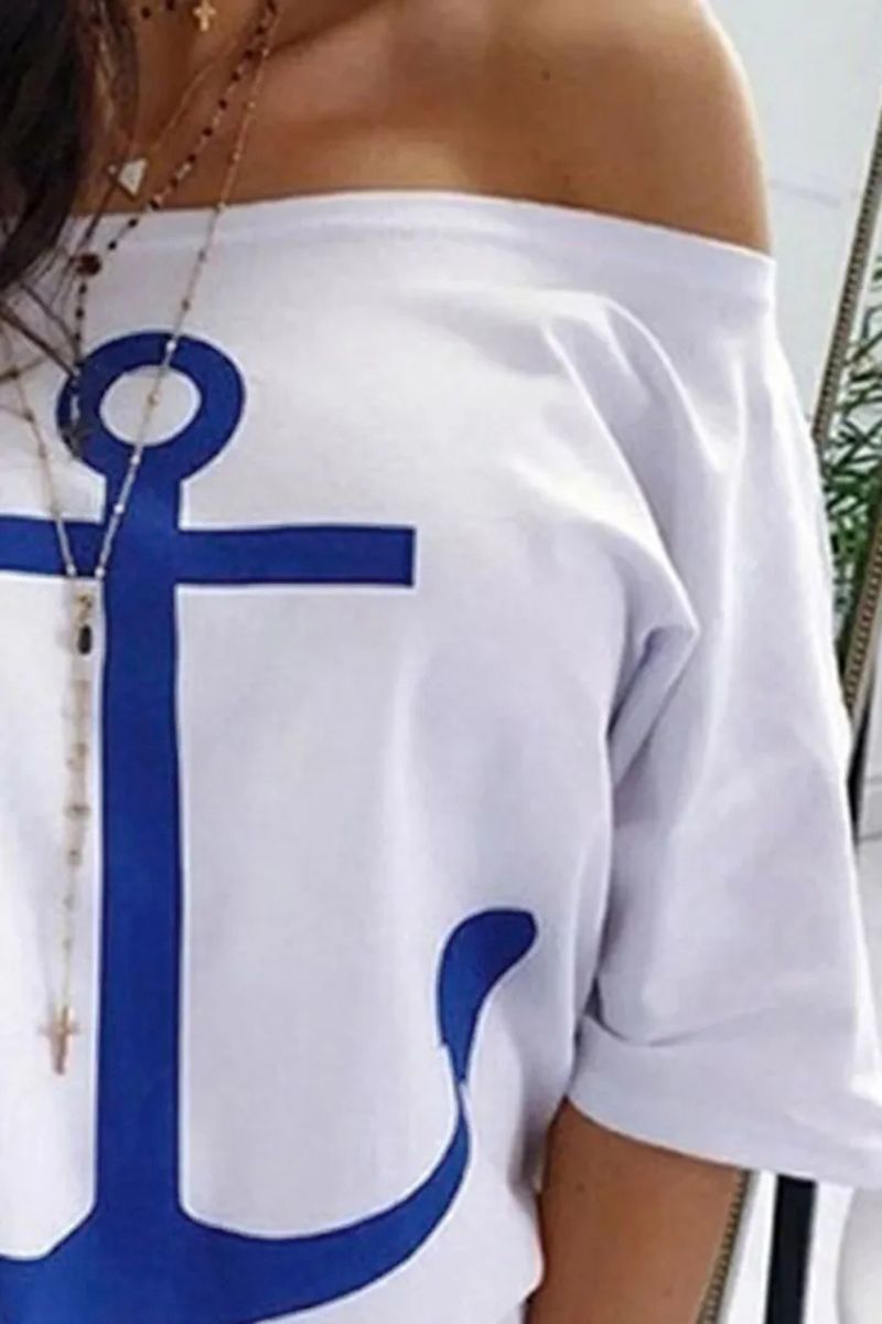 Anchor Print Half Sleeve Off Shoulder T-Shirt-Pinkami