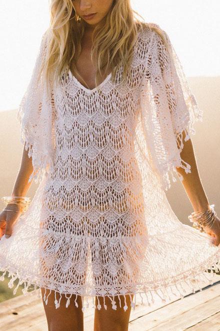 White Crochet Hollow Out Tassel V Neck Sexy Beach Cover Up Tunic-Pinkami