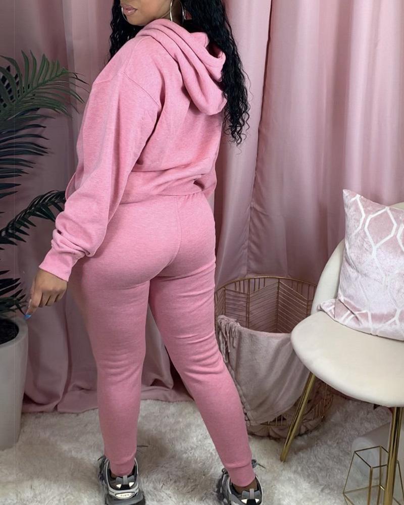 Solid Kangaroo Pocket Drawstring Hoodie & Pants Set-Pinkami