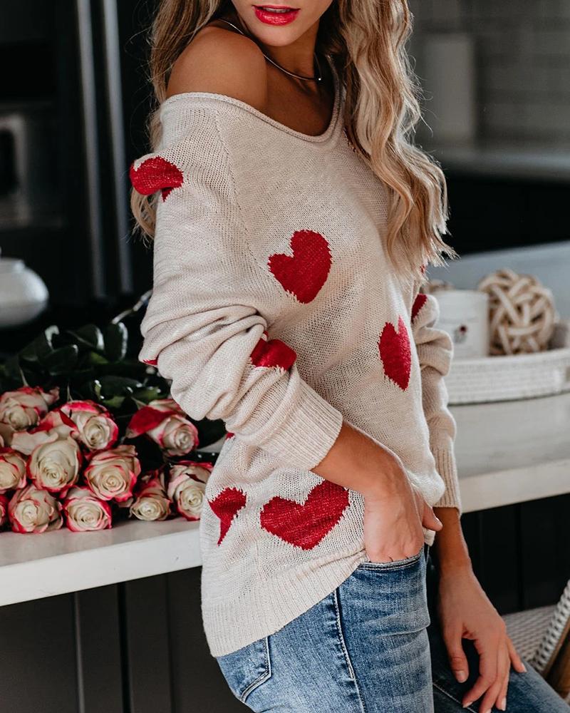 Heart Print Rib Knit Raglan Sleeve Sweater-Pinkami