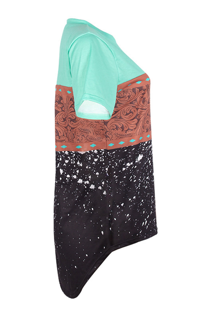 Tribal & Leopard Print Round Neck T-Shirt-Pinkami