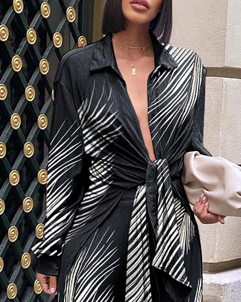 Self-Tie Split Hem Shirt & Wide Leg Pants Set-Pinkami