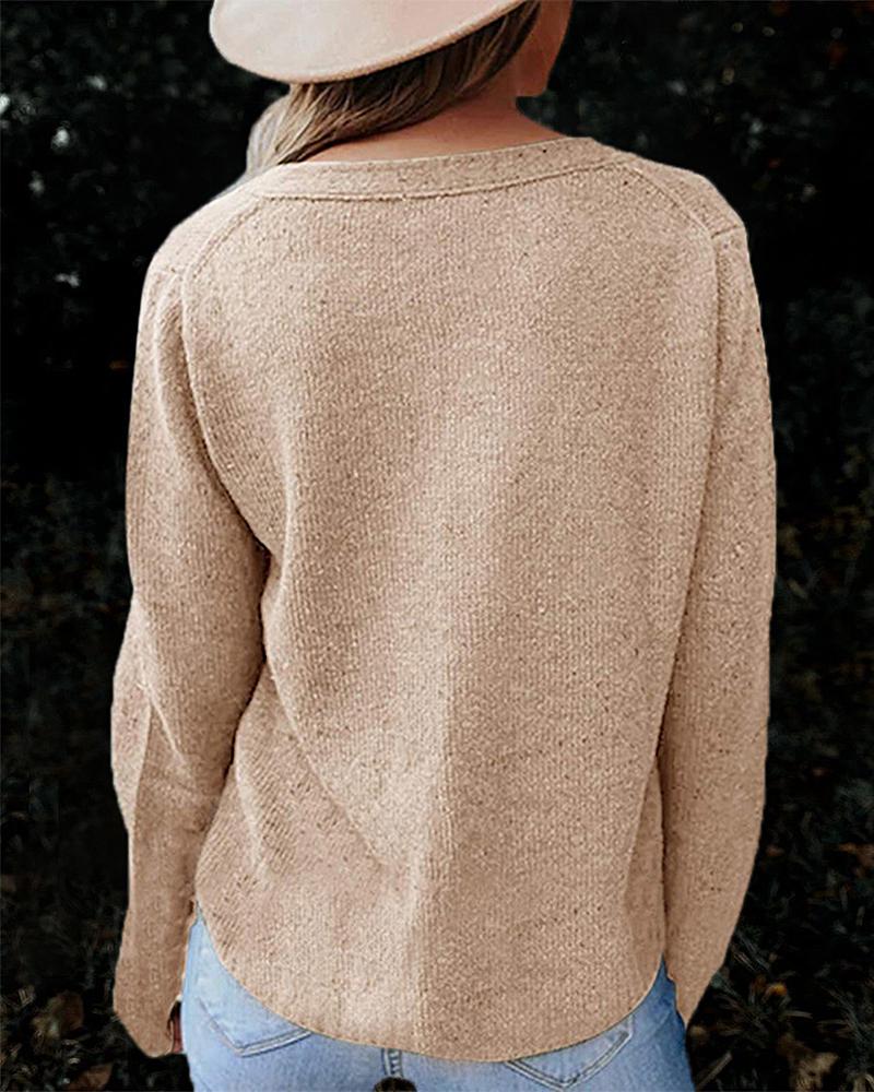 Solid Topstitching Button Up V Neck Sweater-Pinkami