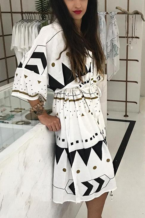 White Geometric Print Drawstring Slit Sexy Beach Cover Up Kimono-Pinkami