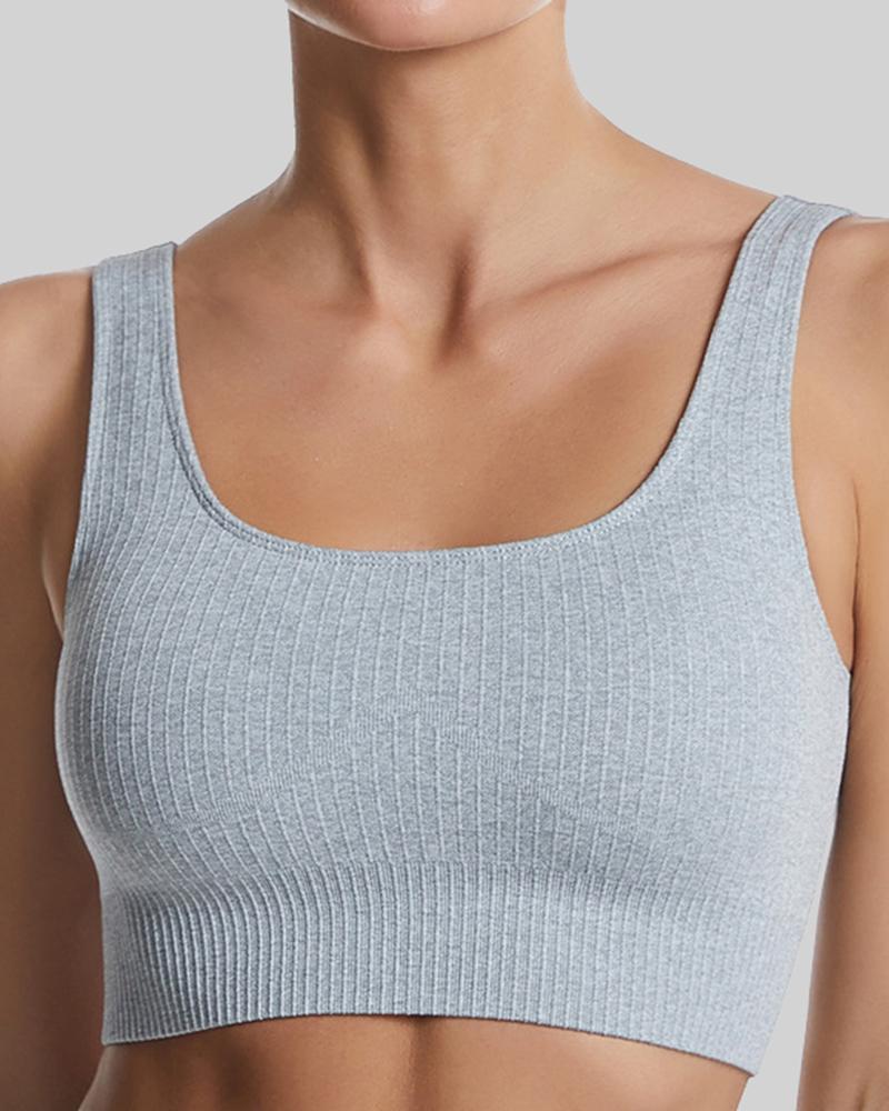 Rib-Knit Scoop Neck Cutout Back Sports Bra-Pinkami