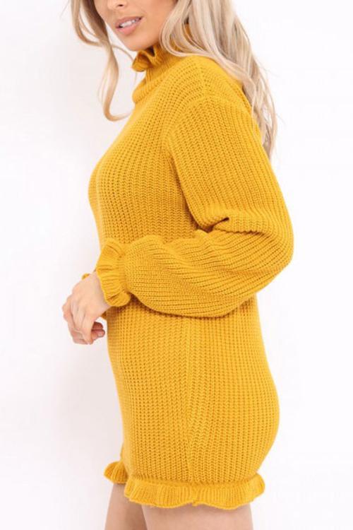 Ruffled High Neck Bag Hip Sweater-Pinkami