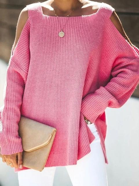 Solid Color Cold shoulder Knit Sweater-Pinkami