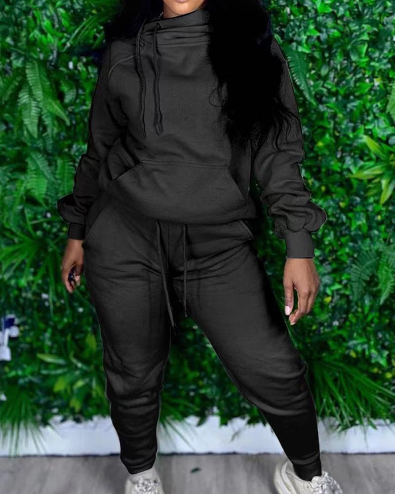 Solid Drawstring Detail Hoodie & Pants Set-Pinkami