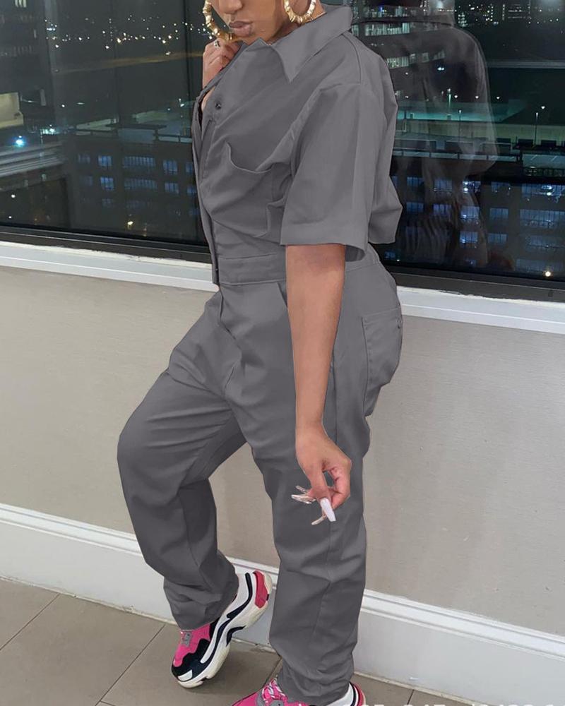 Solid Zip Up Pocket Detail Overall Casual Jumpsuit