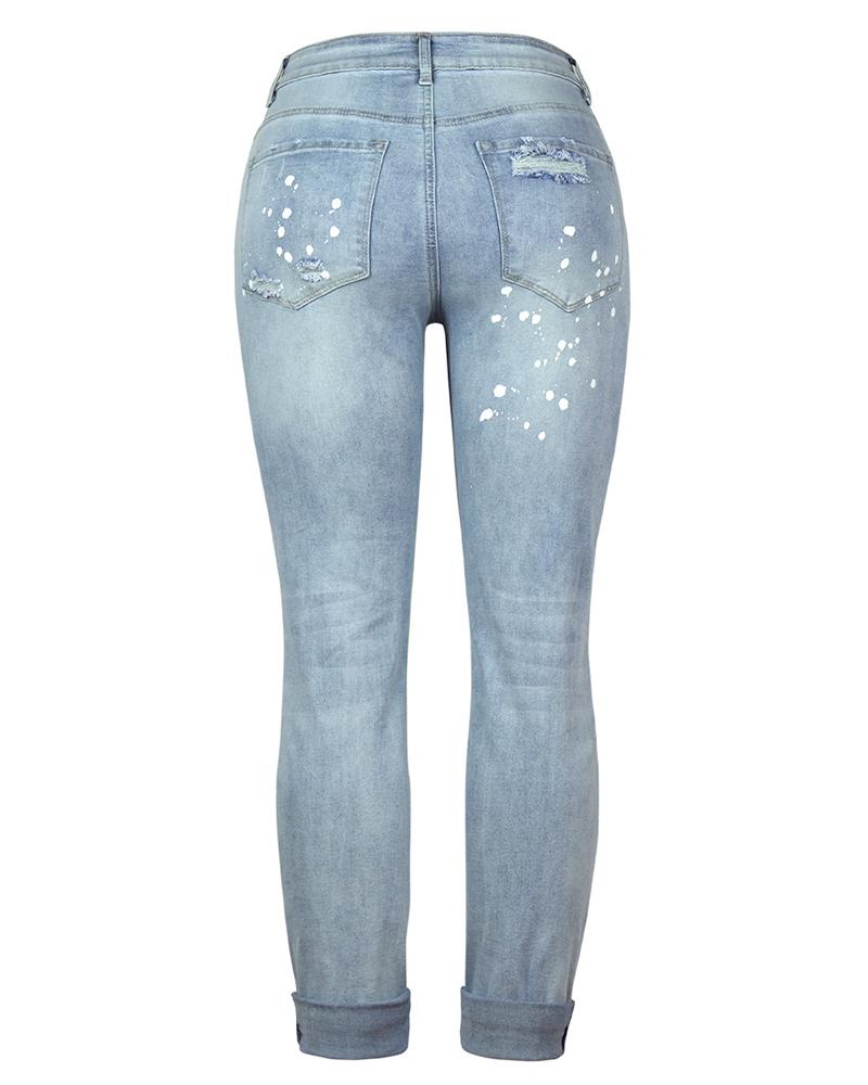 Women Ripped Distressed Mid Waist Straight Leg Jeans-Pinkami
