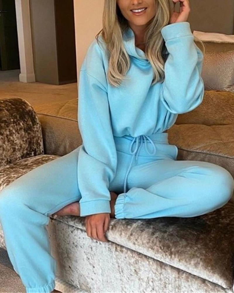 Solid Drawstring Elastic Hem Hooded Top & Pants Set-Pinkami