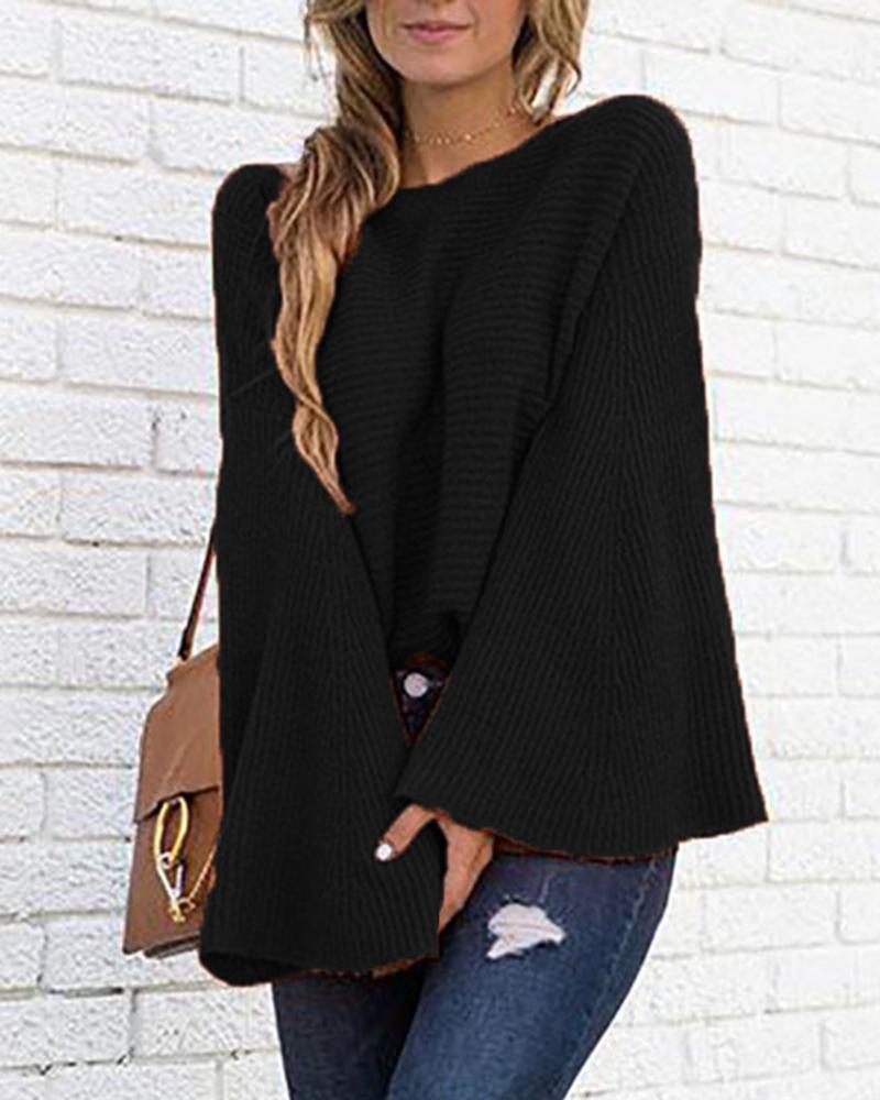 Solid Bell Sleeve Scoop Neck Sweater-Pinkami