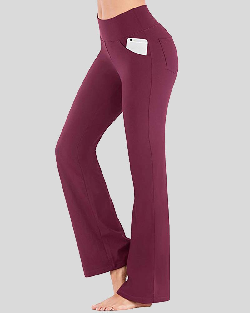 Pocket Detail Flare Leg High Waist Sports Pants For Women-Pinkami