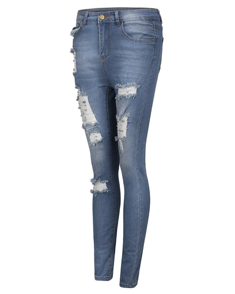 Women Ripped Destroyed High Waist Skinny Jeans-Pinkami