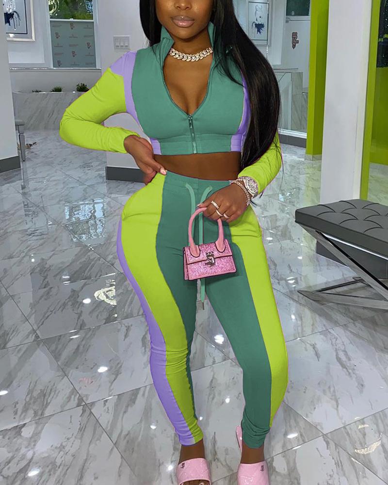 Colorblock Zip Up Drawstring Waist Crop Top & Pants Set-Pinkami