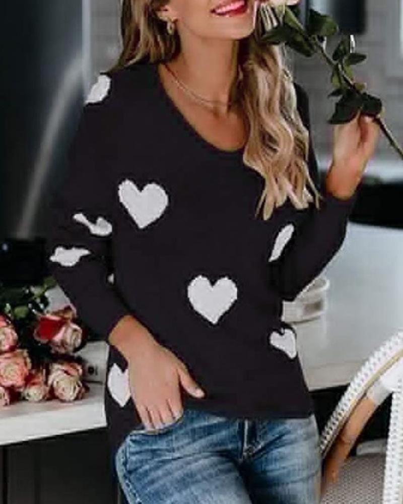 Heart Print Rib Knit Raglan Sleeve Sweater-Pinkami