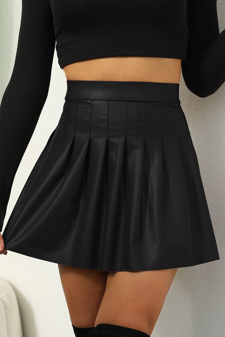 PU Leather Solid Pleated High Waist Mini Skirt