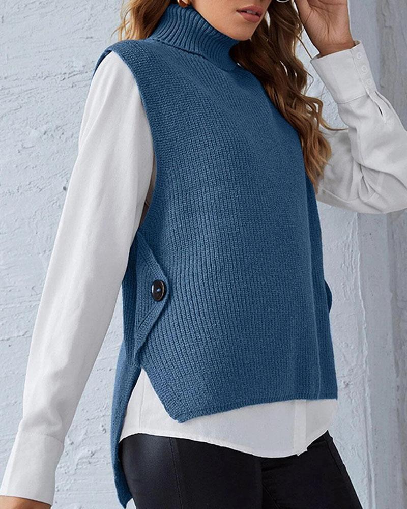 Ribbed Sleeveless High Low Button Detail Sweater-Pinkami