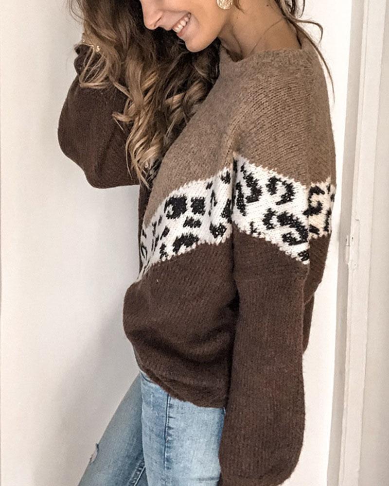 Cheetah Panel Colorblock Drop Shoulder Sweater