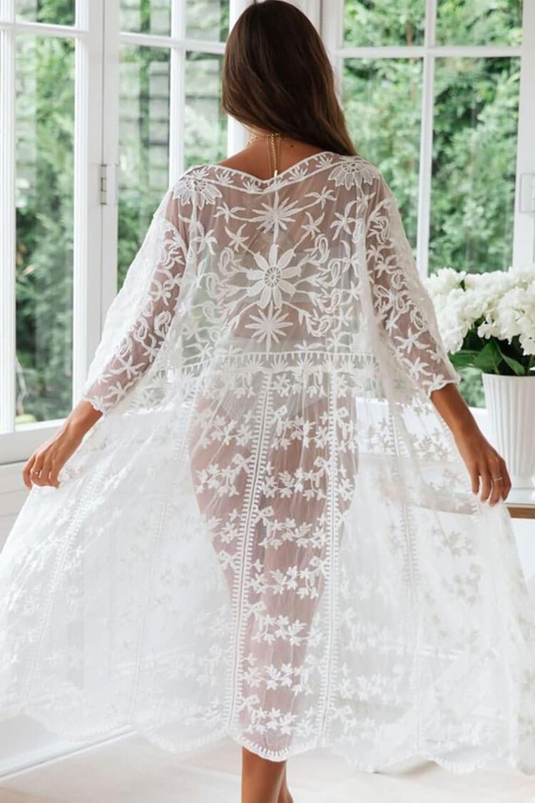Scalloped Crochet Lace Half Sleeve Sheer Maxi Cover Up-Pinkami