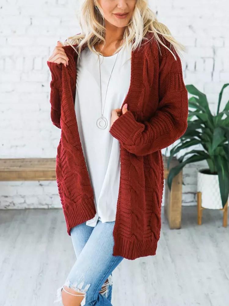 Solid Color Thick Knitting Long Cardigan-Pinkami