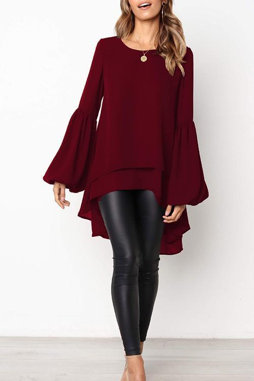 Puff Sleeve Lrregular Hem Solid Color Long Sleeve T-Shirt-Pinkami