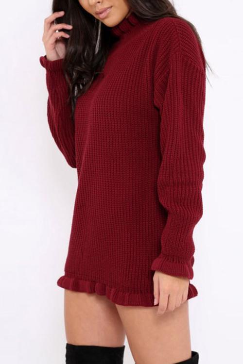 Ruffled High Neck Bag Hip Sweater-Pinkami