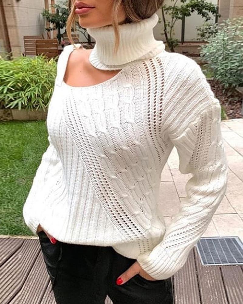 Solid Cable Knit Buckle Cutout Turtleneck Sweater-Pinkami