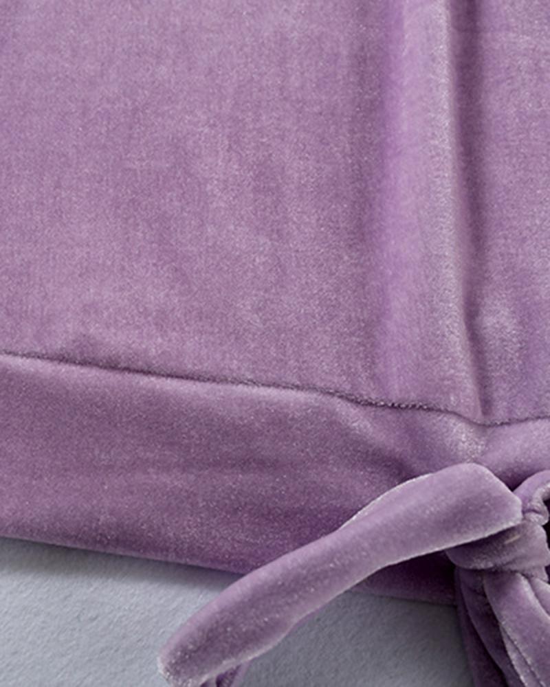 Solid Velvet Drawstring Boat Neck Top & Pants Set-Pinkami