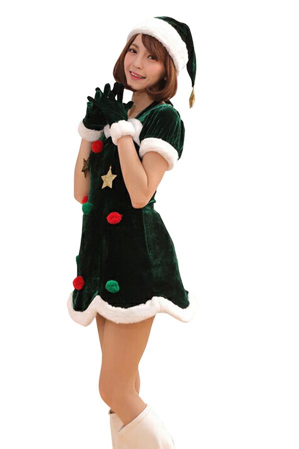 Cute Christmas Mini Tree Dress Costume For Women Green-Pinkami