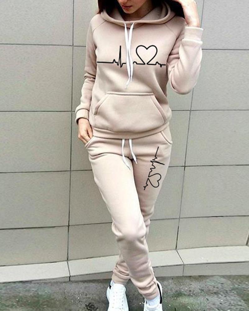 Heart & ECG Print Hooded Top & Pants Set-Pinkami