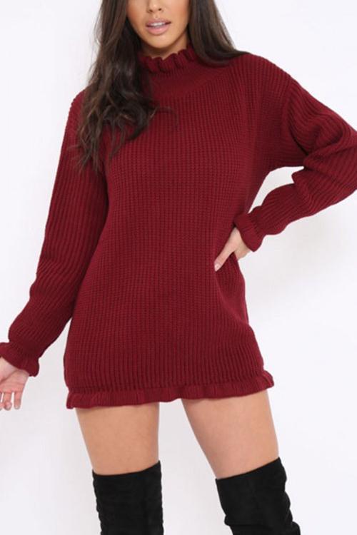 Ruffled High Neck Bag Hip Sweater-Pinkami