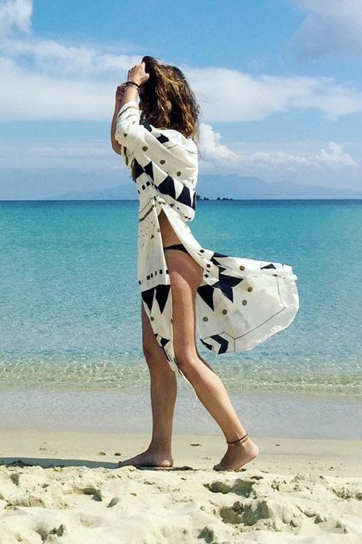 White Geometric Print Drawstring Slit Sexy Beach Cover Up Kimono-Pinkami