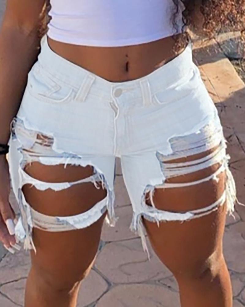 Women Ripped Hollow Out Denim Shorts-Pinkami