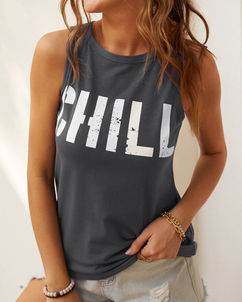 Letter Print Round Neck Tank Top-Pinkami