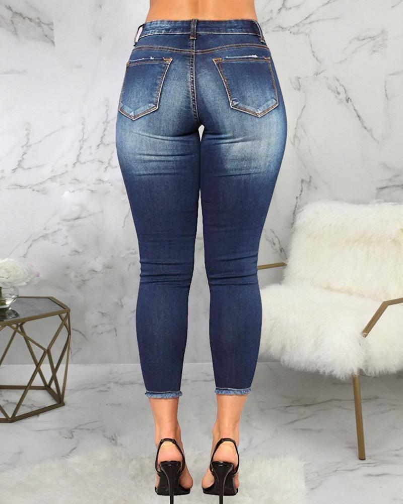 Women Distressed Mid Waist Cropped Jeans-Pinkami
