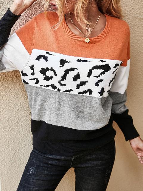 Color Block Leopard Patchwork Sweater-Pinkami