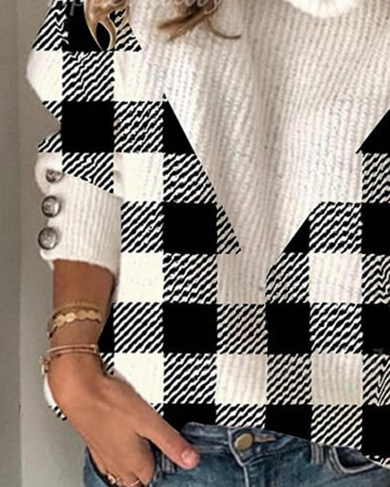 Tartan Print Beaded Decor Turtleneck Sweater-Pinkami