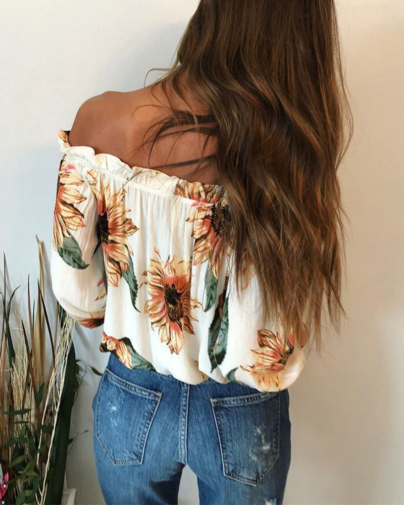 Floral Tassel Decor Tie Front Off Shoulder T-Shirt-Pinkami