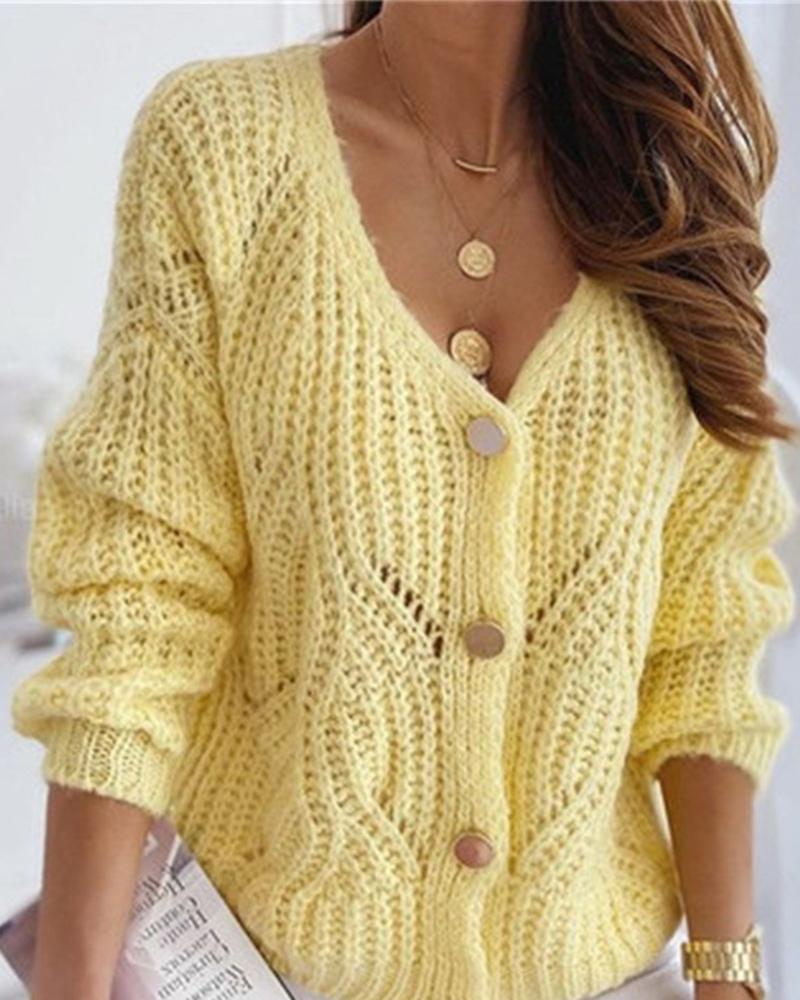 Button Detail Open Front Drop Bishop Sleeve Sweater-Pinkami