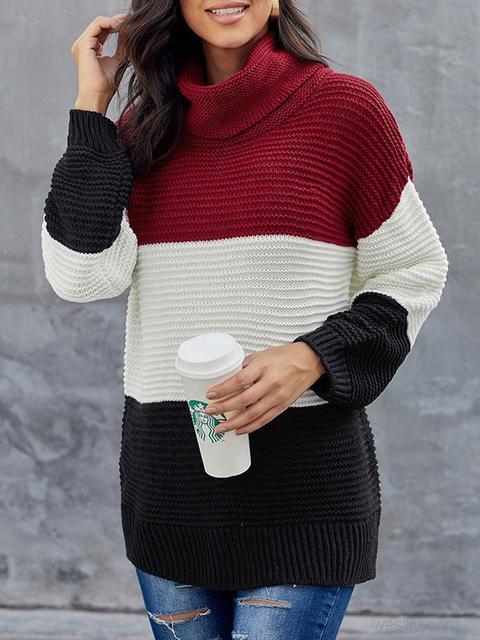 Turtleneck Color Block Pullover Sweater-Pinkami